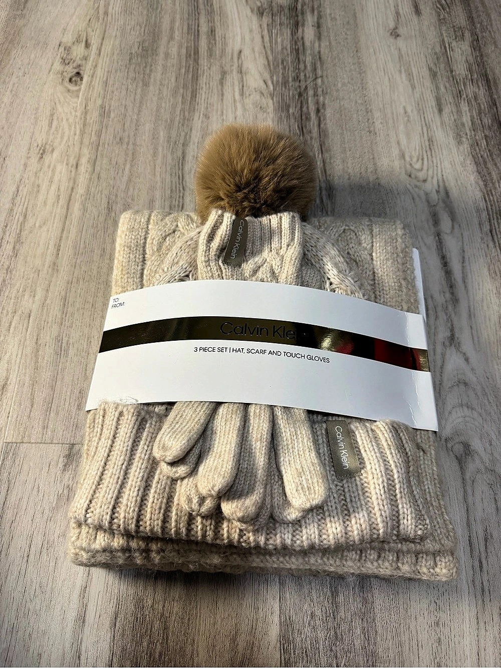 Calvin Klein 3 Piece Set Hat Scarf And Touch Gloves Beige